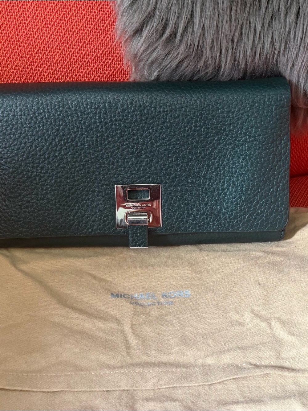 Michael Kors Forest Green Pebbled Leather Clutch with Silver Hardware